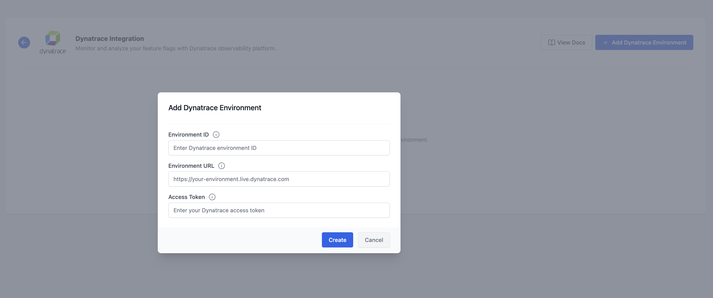 Add Dynatrace Environment Modal